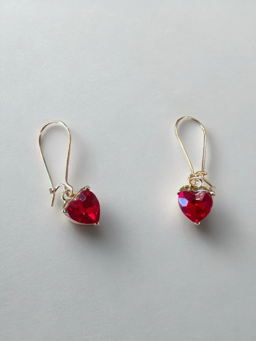 Gold Hook Earrings with Glass Faceted Red Hearts